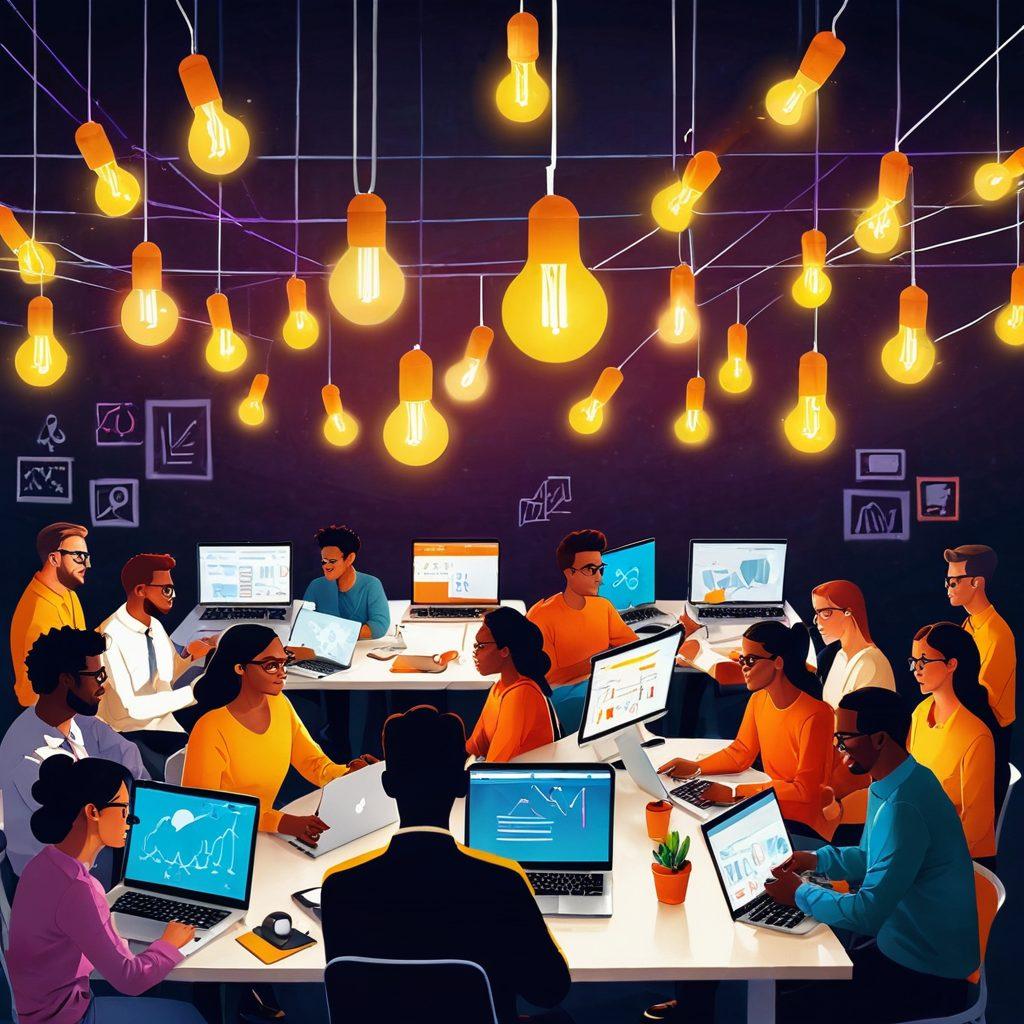 A dynamic split-scene illustration showing one side filled with lightbulbs symbolizing innovative ideas, and the other side depicting a bustling startup office with people collaborating and executing those ideas. Include elements like charts, laptops, and positive expressions to convey energy and determination. Colorful and motivating atmosphere. vector art. vibrant colors. white background.