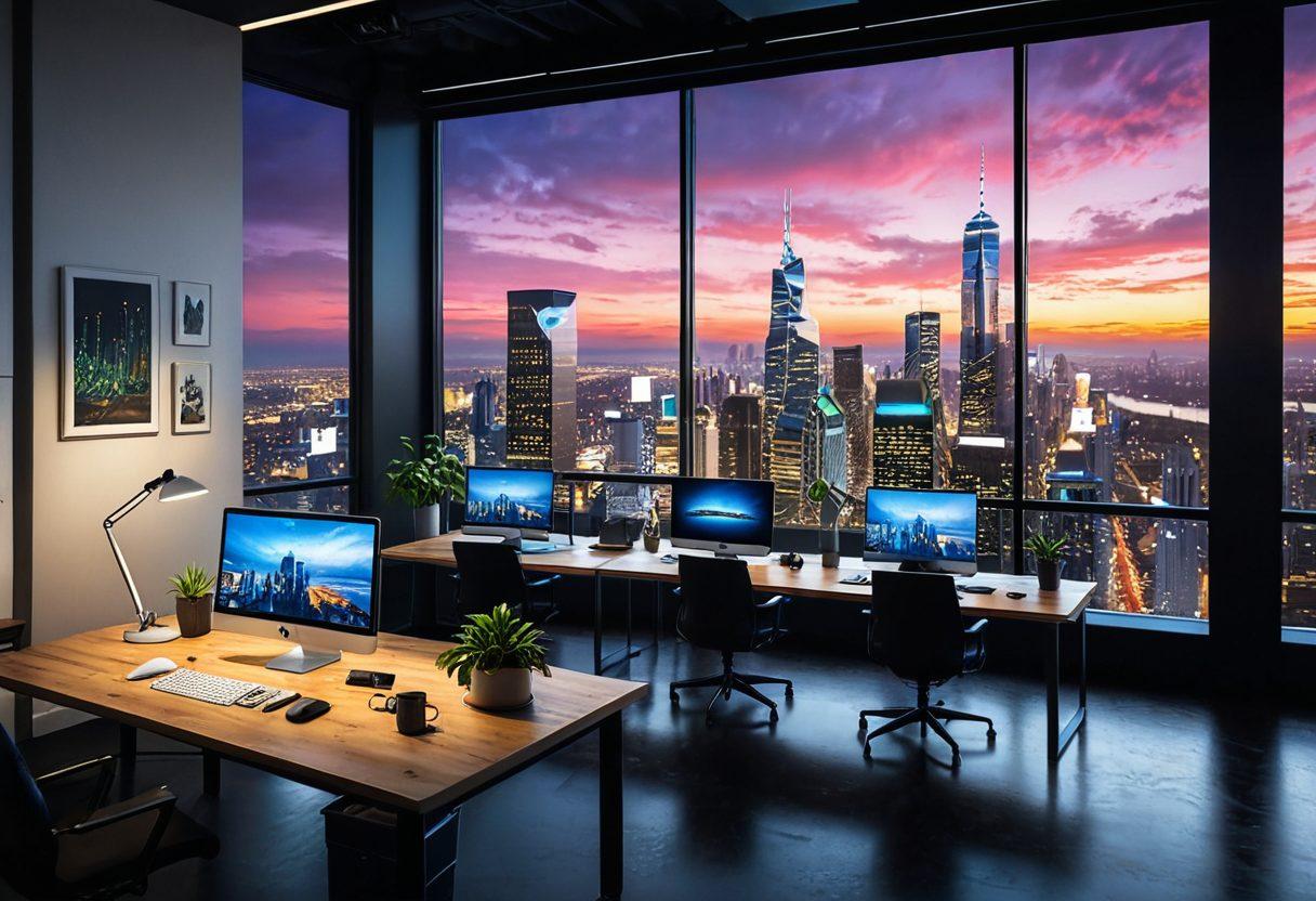 A modern workspace filled with diverse entrepreneurs collaborating over tech gadgets, brainstorming on digital screens, showcasing futuristic innovations. Include a vibrant cityscape in the background symbolizing growth and opportunity. Emphasize the energy and creativity of the startup culture. super-realistic. vibrant colors. 3D.